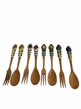 Firenze Ceramic Handle Wood Fork Spoon Set 8 Pc Italy Fruit Floral Salad Kitchen